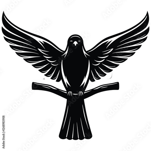 A fully black silhouette of a bird, depicted either in mid-flight with its wings gracefully spread wide or perched on a branch in a relaxed posture.  