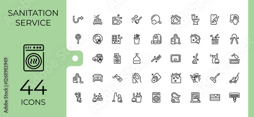 Cleaning And Maintenance icon set. Icons hygiene, stroke, sponge, scrubbing, disinfect, wash, clean and more. Icons for UI. Editable stroke. Vector illustration.