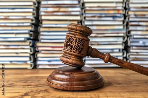 Judge's Gavel Resting on Desk Beside Piled Files