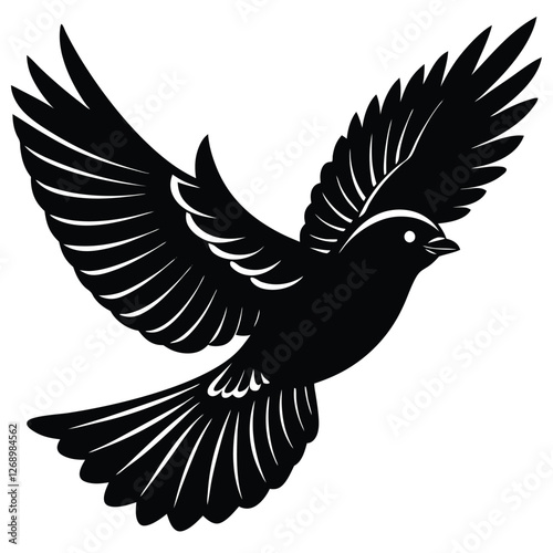 A fully black silhouette of a bird, depicted either in mid-flight with its wings gracefully spread wide or perched on a branch in a relaxed posture.  