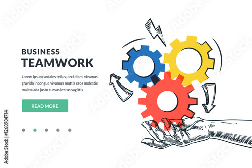 Connected mechanism cogwheels on human hand. Vector hand drawn sketch illustration. Business strategy solutions concept