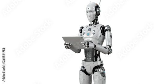 Robot android standing and holding a tablet, natural light, clean background.