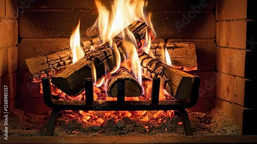 Cozy fireplace with dancing flames and crackling logs in a warm hearth setting