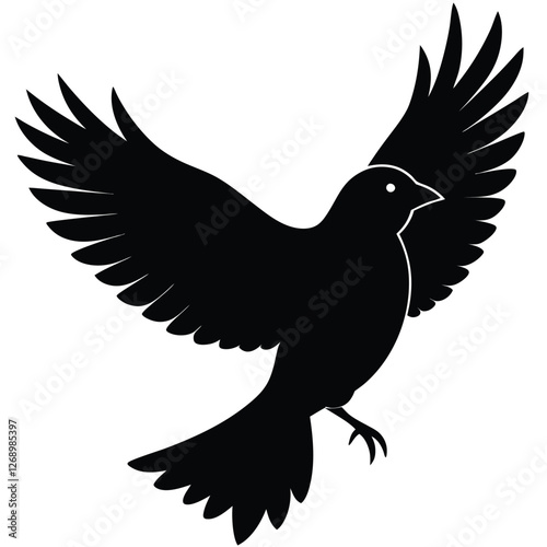 A fully black silhouette of a bird, depicted either in mid-flight with its wings gracefully spread wide or perched on a branch in a relaxed posture.  