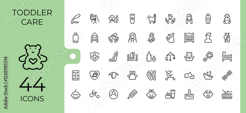 Set of Child care line icons. Contains such icons as tricycle, bear, pacifier, newborn, feeding, face and more. Minimalistic icons. Minimalist editable vector stroke.
