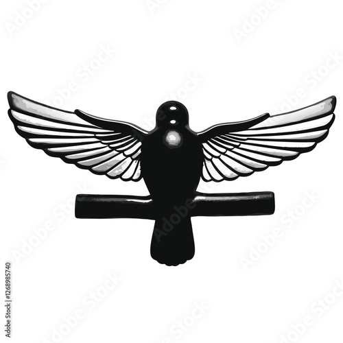A fully black silhouette of a bird, depicted either in mid-flight with its wings gracefully spread wide or perched on a branch in a relaxed posture.  