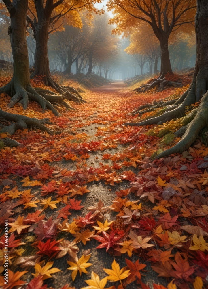 Dense foliage with fallen leaves carpeting the ground, forest floor, woodland canopy Dense foliage with fallen leaves carpeting the ground, forest floor, woodland canopy