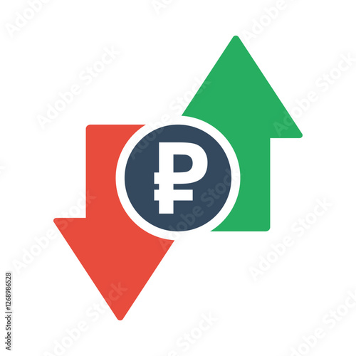 russian ruble coin with green up and red down arrows, tax or inflation indicator, price or income vector icon