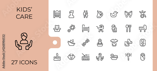 Set of Child care line icons. Contains such icons as tricycle, bear, pacifier, newborn, feeding, face and more. Minimalistic icons. Minimalist editable vector stroke.