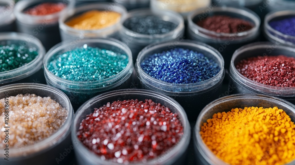 Colorful glitter in many small containers. Colorful glitter in many small containers.