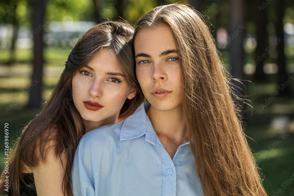 Fototapeta premium Fashion portrait of two girlfriends