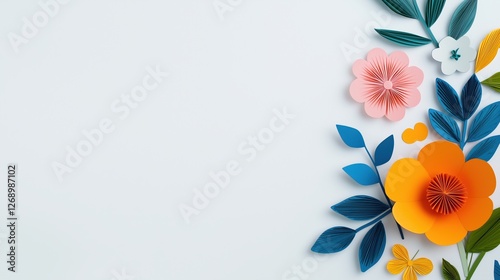 Elegant Paper Craft Floral Arrangement with Colorful Flowers and Leaves on a White Background