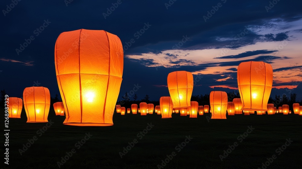 Obraz premium Holy Saturday faith procession concept. A vibrant display of glowing lanterns lights up the night sky, creating a mesmerizing and peaceful atmosphere against a backdrop of twilight.