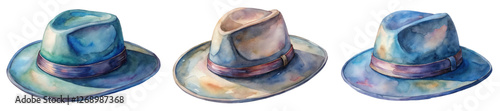 Watercolor hats, stylish accessories, artistic illustration, soft colors, fashion design, creative artwork.