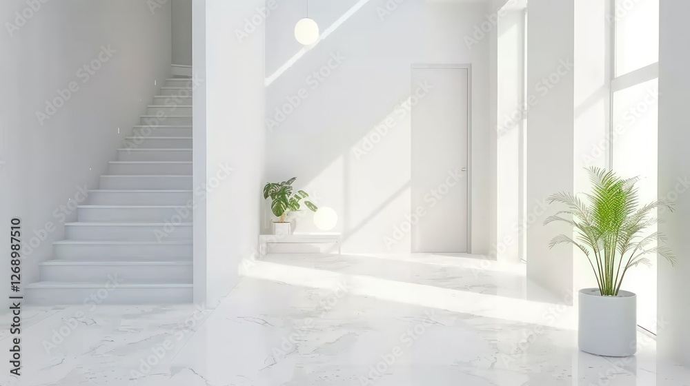 Fototapeta premium Serene Minimalist White Interior: Sunlit Hallway with Staircase and Plants