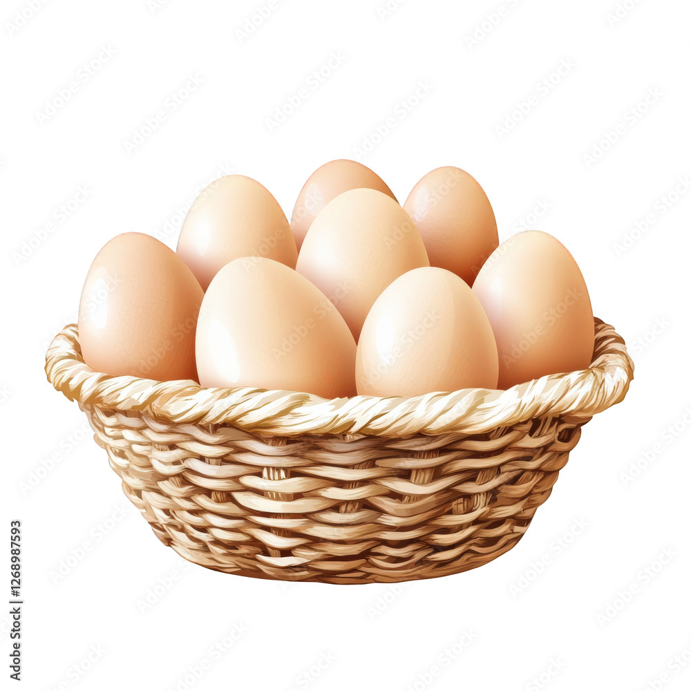 A graphic-style illustration of smooth brown eggs placed in a woven basket, balanced composition with a natural look, centered and surrounded by empty space, transparent background, PNG A graphic-style illustration of smooth brown eggs placed in a woven basket, balanced composition with a natural look, centered and surrounded by empty space, transparent background, PNG