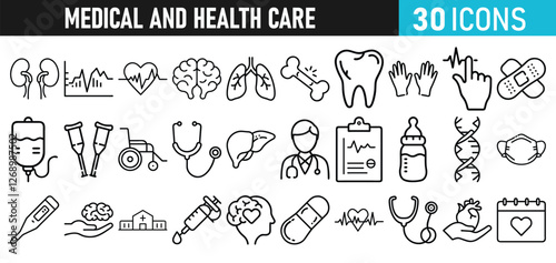 Medical and health Care liner icons set for web and mobile app. Medicine and Health Care symbols. Emergency, medical equipment, RX, MRI, doctor, lab, virus, prescription, ambulance