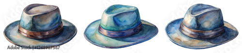 Watercolor hats, stylish design, artistic illustration, blue tones, fashion accessory, creative artwork, elegant presentation.