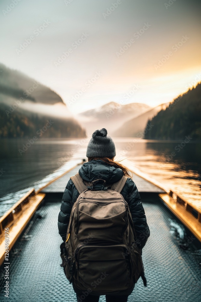 Young traveller stands on a ferry with a backpack to explore the beautiful mountains on the lakeside. Young traveller stands on a ferry with a backpack to explore the beautiful mountains on the lakeside.