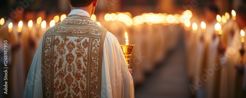 Holy Saturday faith procession concept. A solemn procession of clergy holding candles, illuminated in warm light, creating an atmosphere of reverence and spirituality.