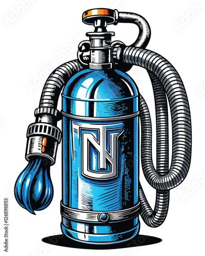A detailed illustration of a nitrous oxide tank with attached hoses, depicted in bold lines with a hand subtly grasping one hose.  Focus on realistic detail.