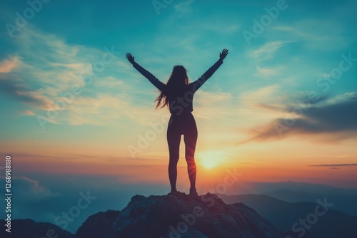 Wallpaper Mural A woman standing on top of a mountain, arms raised towards the blue sky. Her silhouette exudes strength,and freedom, her flowing hair blending into the bright sky. Cocept for travel and woman power. Torontodigital.ca