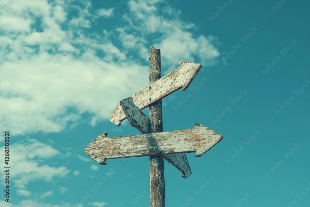 Old wooden signpost stands tall against a clear blue sky, with multiple arrows pointing in different directions. This rustic landmark offers a sense of adventure and exploration. Old wooden signpost stands tall against a clear blue sky, with multiple arrows pointing in different directions. This rustic landmark offers a sense of adventure and exploration.