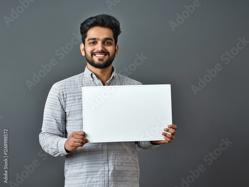 Confident young Indian man smiling while holding a blank whiteboard, standing against a neutral gray background. Perfect for business, marketing, and promotional designs with customizable copy space