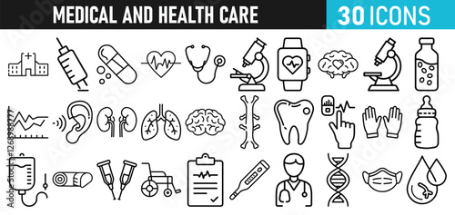 Medical and health Care liner icons set for web and mobile app. Medicine and Health Care symbols. Emergency, medical equipment, RX, MRI, doctor, lab, virus, prescription, ambulance