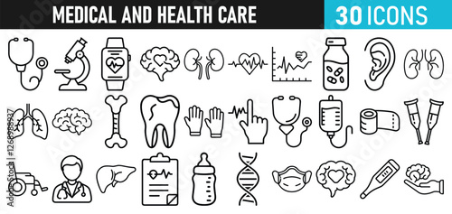 Medical and health Care liner icons set for web and mobile app. Medicine and Health Care symbols. Emergency, medical equipment, RX, MRI, doctor, lab, virus, prescription, ambulance