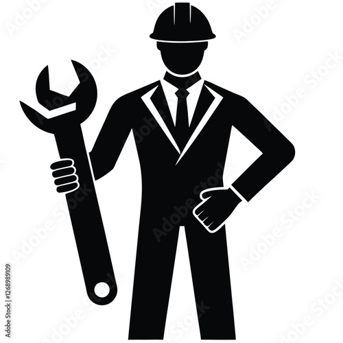 A fully black silhouette of a construction engineer standing confidently, holding a large wrench in one hand 