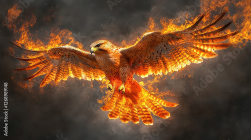 A blazing falcon in mid-flight, intense golden and red flames enveloping its wings, fierce gaze