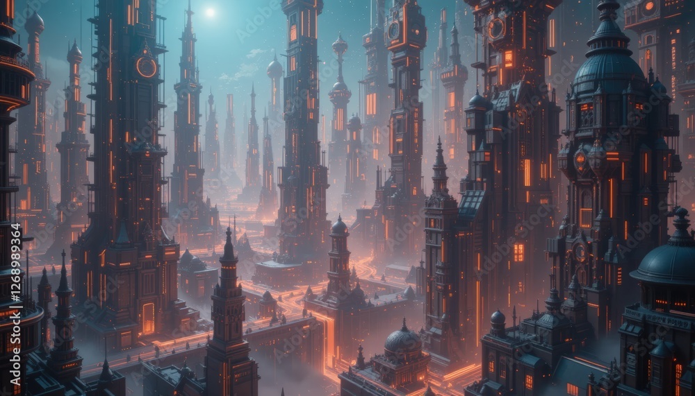 Fototapeta premium Futuristic Metropolis: A Glowing Cityscape of Towering Structures and Advanced Architecture in a Cyberpunk World