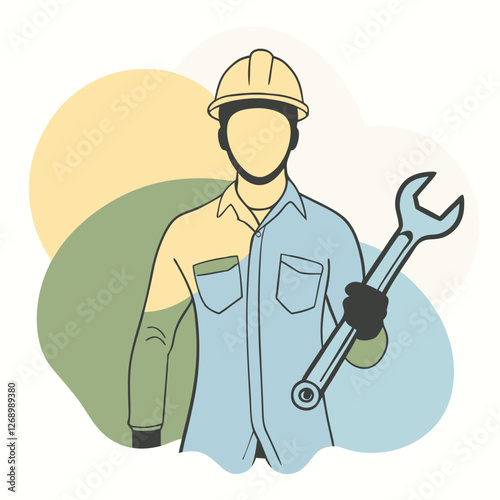 A fully black silhouette of a construction engineer standing confidently, holding a large wrench in one hand 