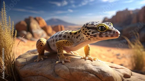 Obraz Leopard Gecko on Sandstone Rock in Desert Landscape -  Reptile Portrait Photography