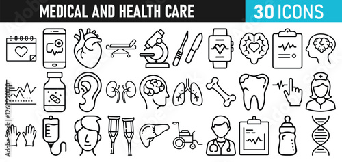 Medical and health Care liner icons set for web and mobile app. Medicine and Health Care symbols. Emergency, medical equipment, RX, MRI, doctor, lab, virus, prescription, ambulance