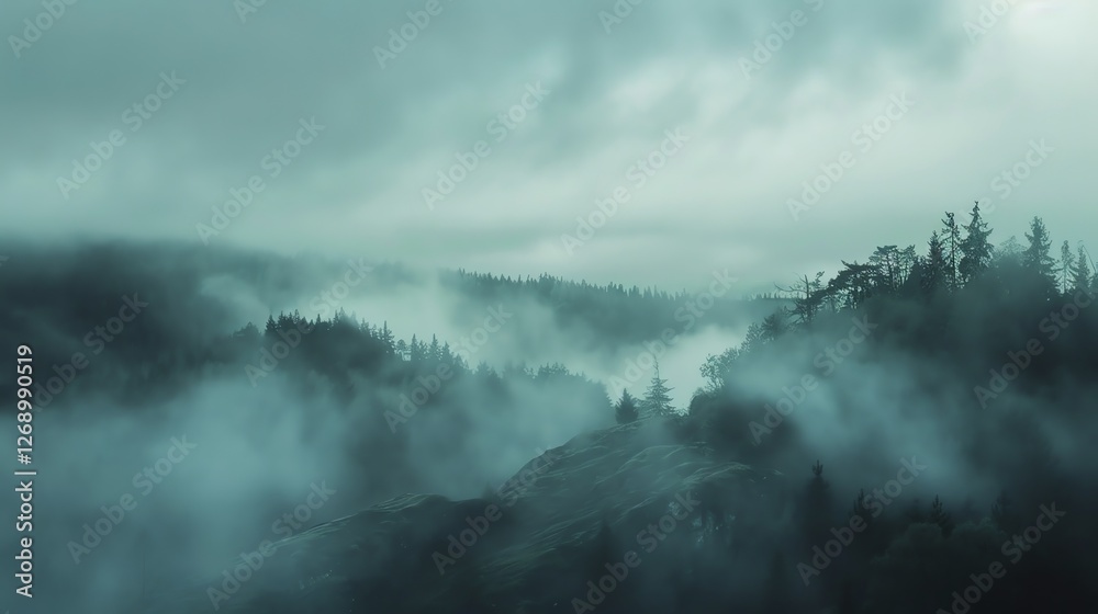 Foggy landscape with mountain and trees in the background. The weather is gloomy and mysterious. Foggy landscape with mountain and trees in the background. The weather is gloomy and mysterious.