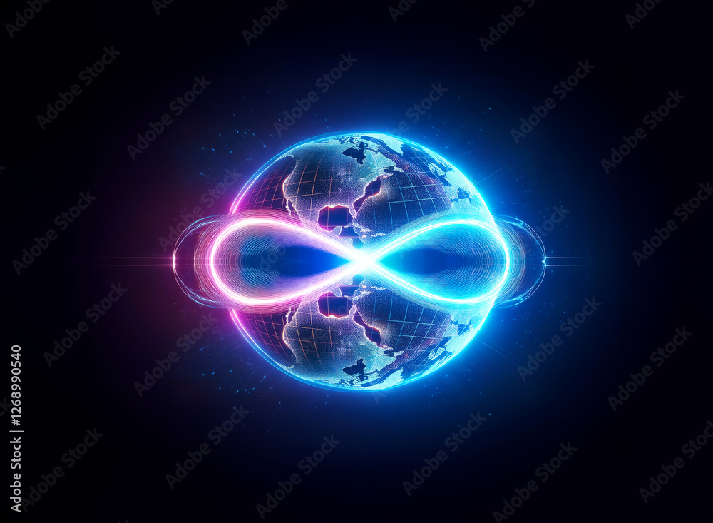 Fototapeta premium A luminous globe is intersected by a glowing infinity symbol in neon pink and blue hues, set against a stark black background, representing boundless connectivity.