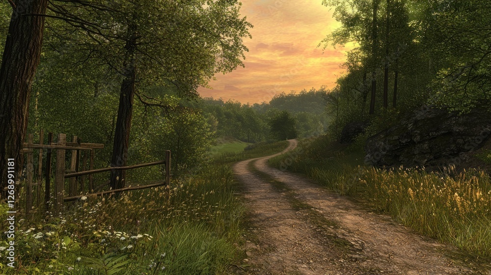 Obraz premium Serene forest path winding through trees at sunset