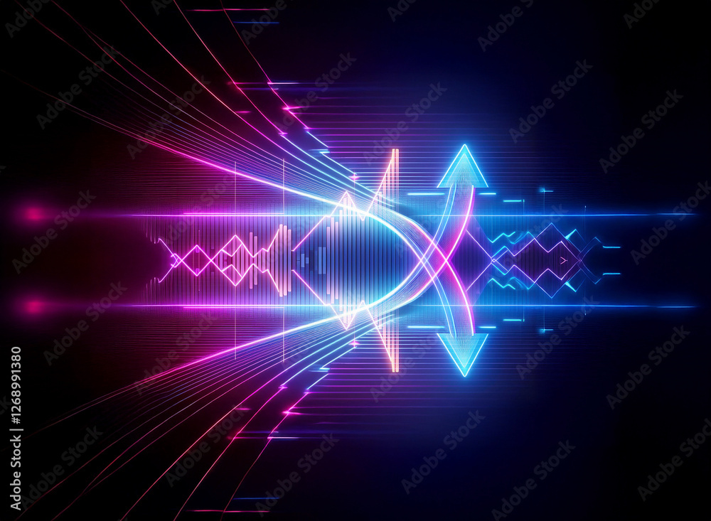 Fototapeta premium Neon abstract art with pink and blue arrows converging in the center against a black backdrop. Futuristic and glowing design with curved lines.