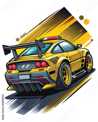A vibrant, highly detailed racing car, showcasing a massive rear spoiler, rendered with bold black outlines.  Focus on the spoiler's aerodynamic design.