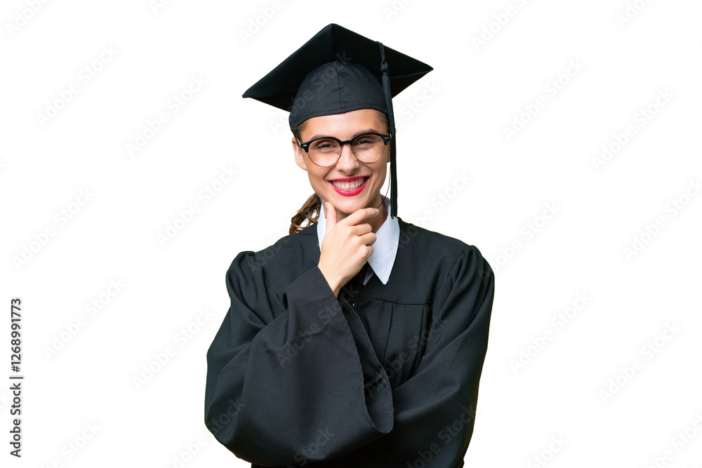 Young university graduate caucasian woman over isolated background with glasses and smiling Young university graduate caucasian woman over isolated background with glasses and smiling