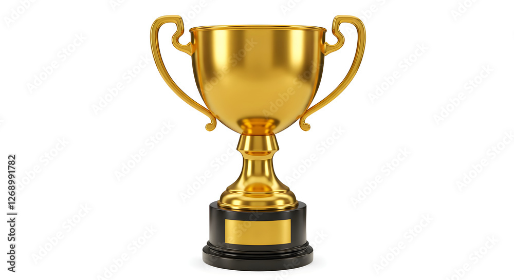 A golden trophy with handles, set on a black base with a blank nameplate, symbolizing victory, achievement, and success in competitions, sports, or academic accomplishments. Elegant and shiny design