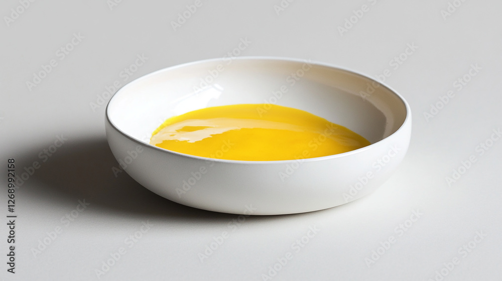 A small white dish with vibrant yellow curry sauce A small white dish with vibrant yellow curry sauce
