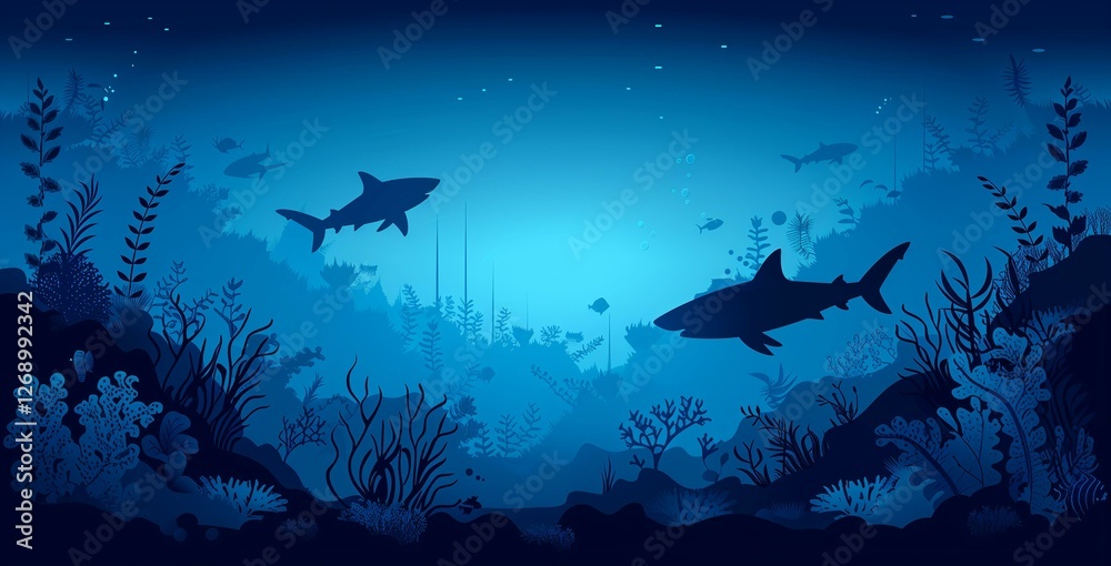 Fototapeta premium Serene Underwater Scene with Sharks and Lush Coral Reef