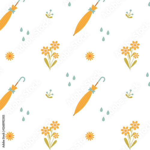 Cute spring pattern with orange folded umbrella, raindrops and flowers