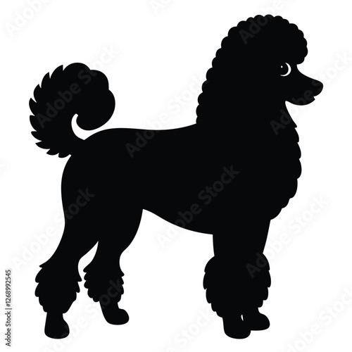 A fully black silhouette of a fluffy poodle in a show pose, standing with an elegant stance. 