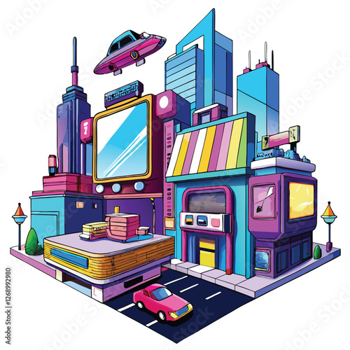Create a realistic vector illustration of a sprawling cyberpunk cityscape at night, filled with flying vehicles, neon signs, and towering skyscrapers.