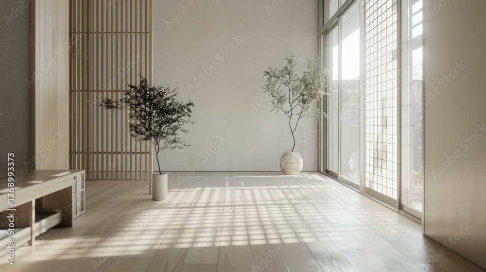Serene Minimalist Japanese Interior Design: Sunlight Illuminates a Tranquil Room with Wooden Floors, Plants, and Shoji Screens Serene Minimalist Japanese Interior Design: Sunlight Illuminates a Tranquil Room with Wooden Floors, Plants, and Shoji Screens