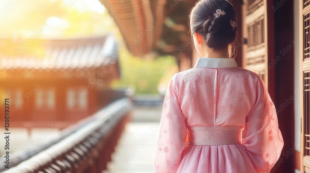 Fototapeta premium Back view of korean asian woman in traditional korean dress or hanbok dress walking in old palace in night with full moon, Seoul city, South Korea,copy space.